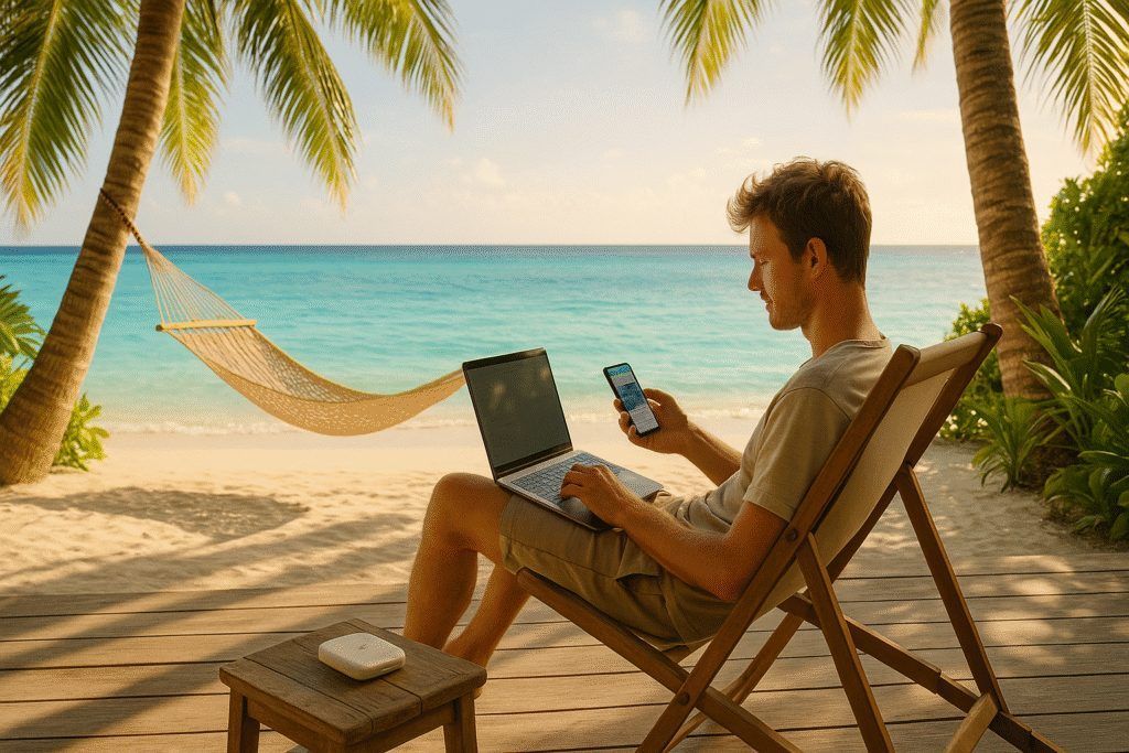 Digital nomad working remotely from a Caribbean beach
