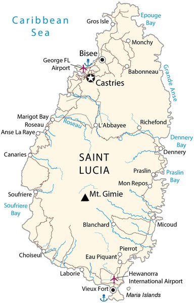 Map of Saint Lucia showing major cities, towns and geographical features