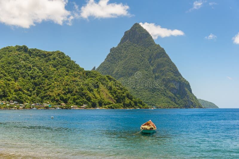 Soufrière town with view of the Pitons, Saint Lucia